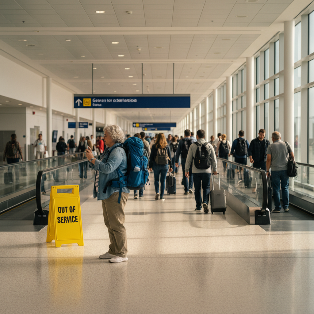 Passenger scanning broken moving walkway with Sensfix app
