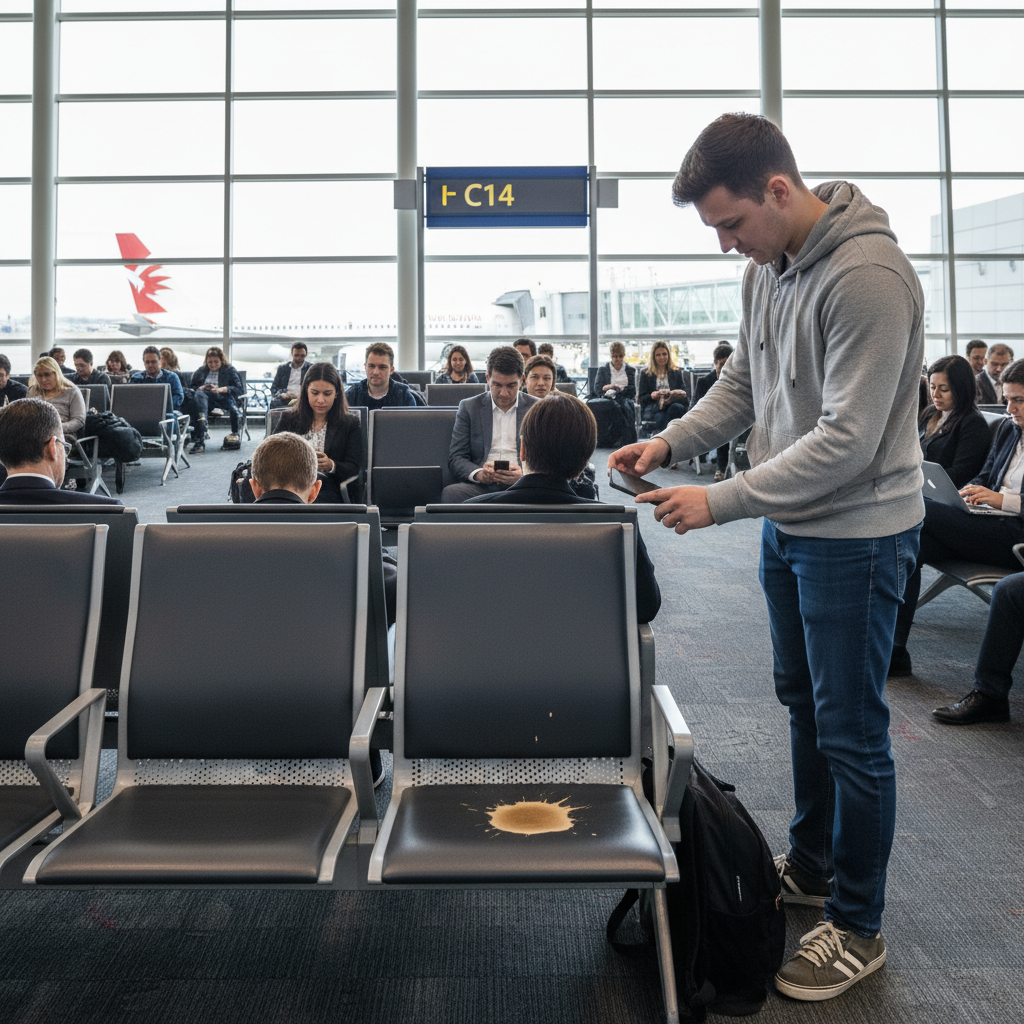 Damaged airport seating and charging stations