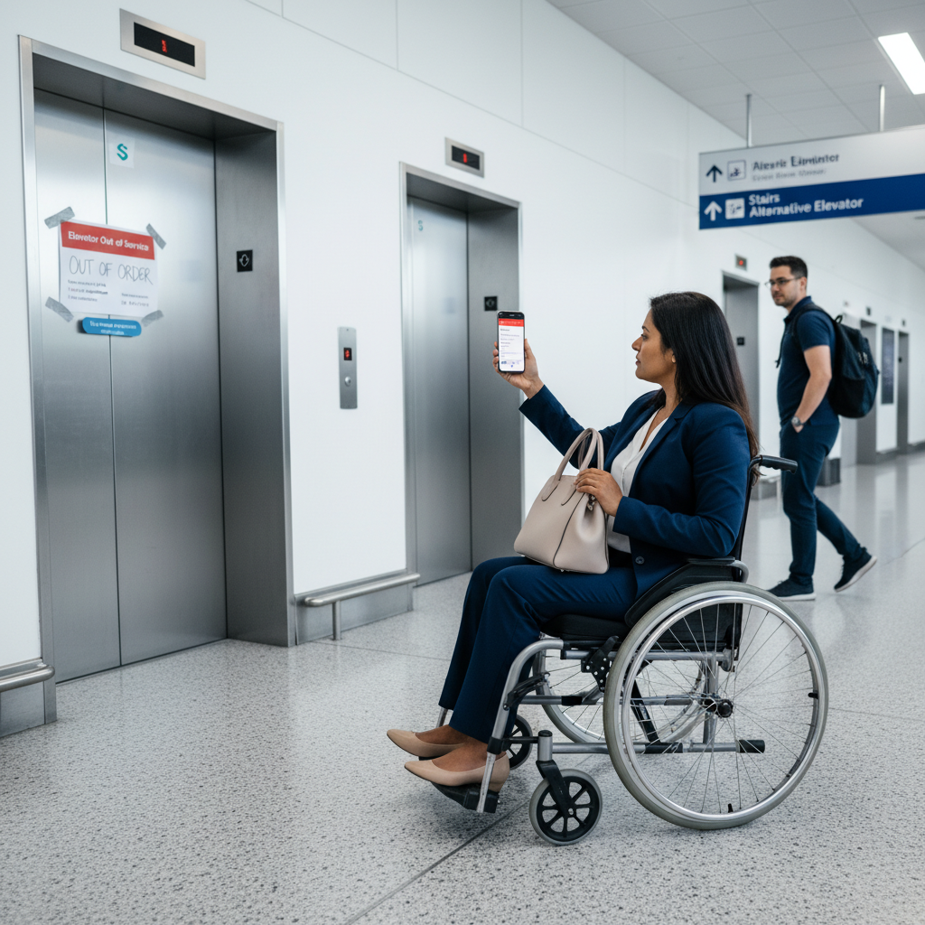 Wheelchair user reporting out-of-service elevator via Sensfix app