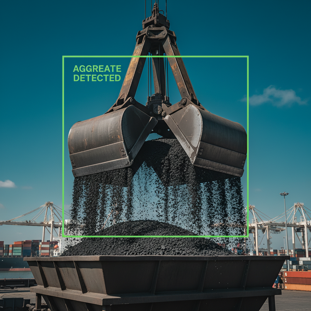 Grab crane bucket with CV detection overlay