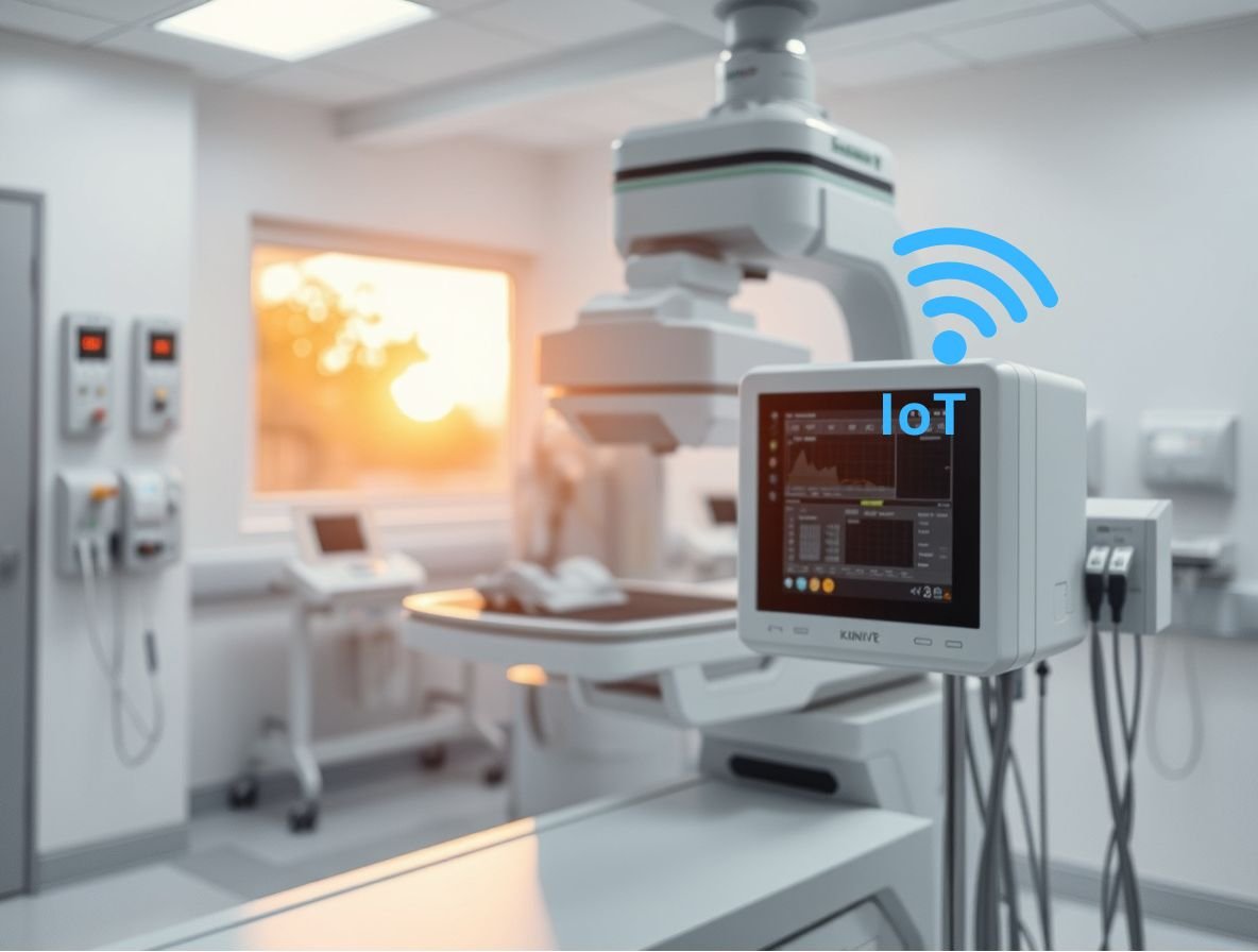 IoT device signal on medical or lab equipment for equipment monitoring and facility maintenance