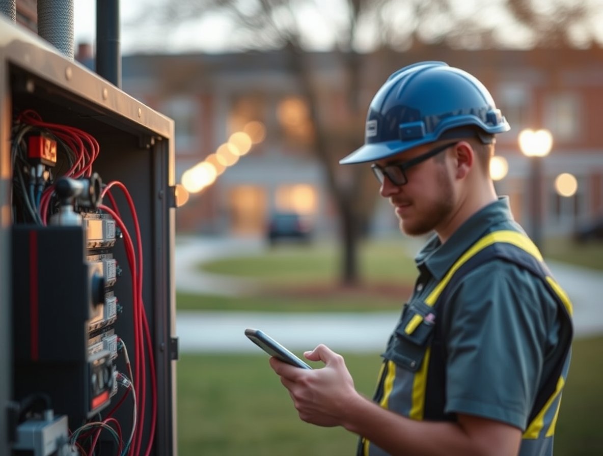 Service person using their mobile facilities maintenance application to follow their route and log data