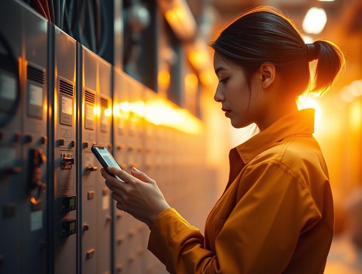 Woman entering data into her mobile facilities maintenance application