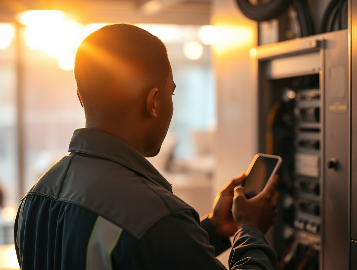 Man scanning machine for facilities maintenance software